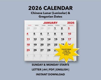 Chinese maankalender 2026, Gregoriaanse data (afdrukbare pdf)