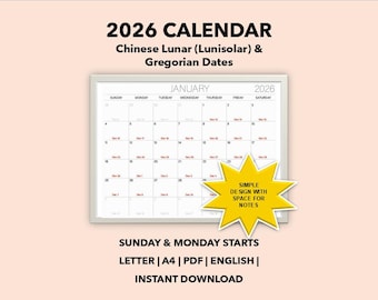 Afdrukbare maandkalender 2026, Chinese maan, gregoriaanse datums (pdf)