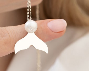 Solid 925 Sterling Silver Whale Tail Necklace, Fluke Charm Pendant With Pearl, Whale Tail Jewelry for Beach Wedding, Sea Lover Bridal Gift