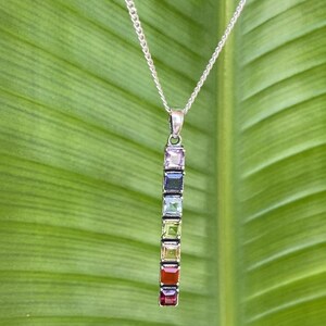 Op de afbeelding: Een zilveren ketting met een hanger met een verticale rij van zeven kleurrijke vierkante edelstenen. De edelstenen zijn in tinten rood, oranje, geel, groen, blauw, paars en roze. De achtergrond is een groot groen blad.