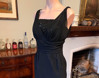 60s chiffon dress with outstanding drape and sequins at the bust: construction, wiggle dress, xs, xxs, small, evening