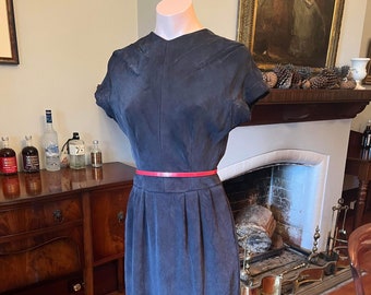 1960s 100% silk wiggle dress with incredible cut: xs, small, high quality, navy, midi length