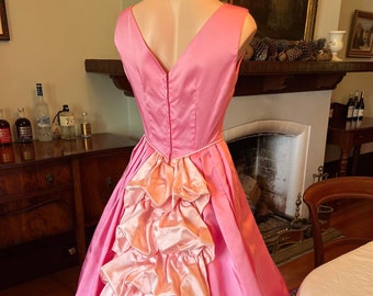 80s pink satin dress with ruffles: high quality, cinderella, bustle, party, evening, barbie, xs, xxs, fit and flare, 50s dress