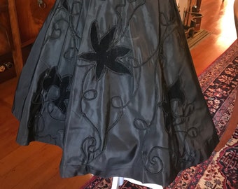 Velvet flowers 50s taffeta skirt: crinoline, xs, small, evening, work, applique, embroidery, embellishment, black, fit and flare