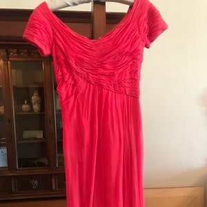 Lebendiges fuchsia 50s drapiertes Cocktailkleid aus Chiffon: xs, klein, rosa, entbeinen, Cocktail, midi, Ärmel