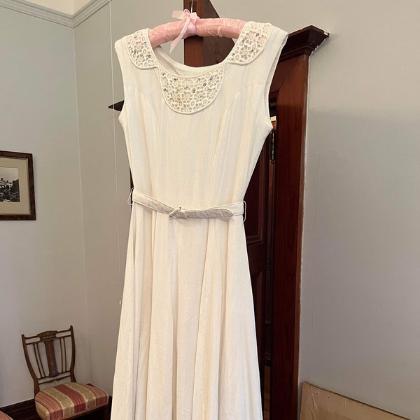 Rhinestone and pearl neckline 40s linen dress in cream: small, xs, xxs, soft, midi, fit and flare, sleeveless