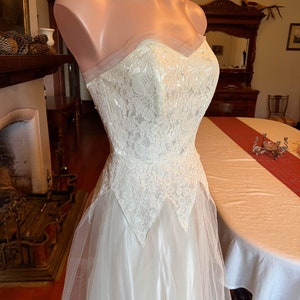50s lace gown with glowing satin lining: petite, xs, xxs, ethereal white, cinderella, lace, wedding, ball, strapless, evening