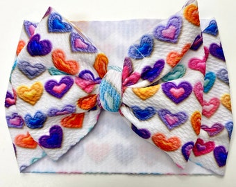 Rainbow heart print Baby Headwrap with bow, valentine's day bow, girls bows, baby bows, baby headband, baby headwrap