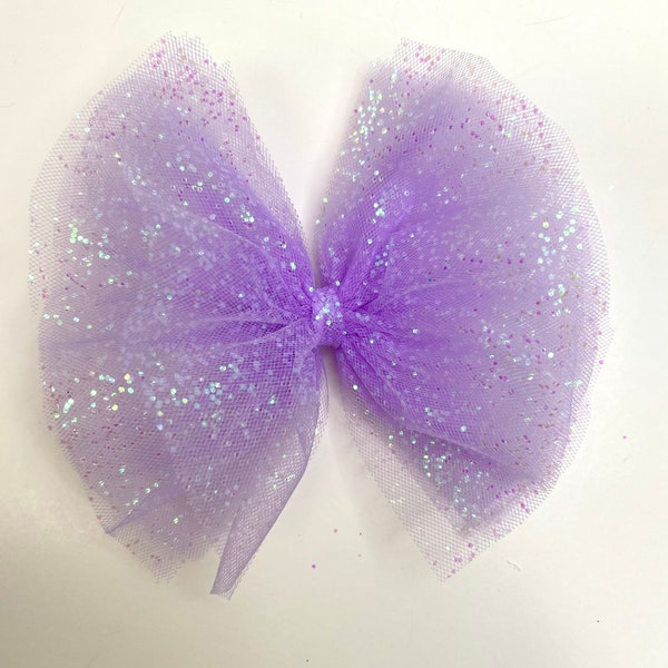 Lavender 5" Tutu Bow with chunky glitter on a ribbon lined clip, girls bows, purple bow, tulle bow, party bow