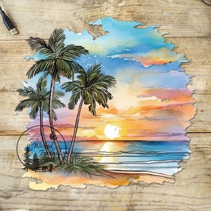 May include: Watercolor painting of a sunset over the ocean with three palm trees in the foreground. The sky is a mix of blue, pink, and orange, and the sun is setting behind the horizon. The ocean is a deep blue, and the waves are crashing on the shore. The palm trees are silhouetted against the sunset.