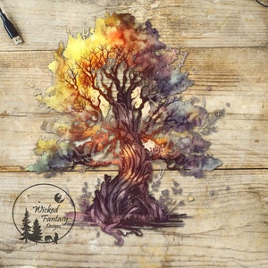 May include: Watercolor painting of a large tree with a thick trunk and branches, painted in shades of yellow, orange, red, purple, and blue. The tree is set against a woodgrain background. The text "Wicked Fantasy Designs" is in the lower left corner of the image.