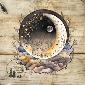 May include: A watercolor painting of a crescent moon with a full moon inside, surrounded by clouds, stars, and a forest. The moon is painted in shades of gold and white, with a dark blue sky behind it. The clouds are painted in shades of gray and purple, and the forest is painted in shades of green and brown. The painting is signed "Wicked Fantasy Designs" in the bottom left corner.