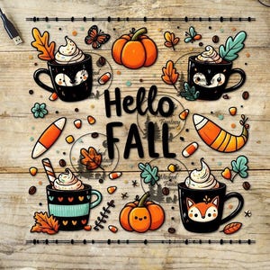 May include: A digital illustration of a fall-themed design with four mugs of coffee with whipped cream and a pumpkin. The text "Hello Fall" is in the center of the design.