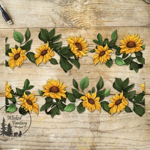 May include: A digital seamless pattern featuring a repeating design of yellow sunflowers with green leaves on a wood background. The pattern is perfect for crafting projects, scrapbooking, and digital design.