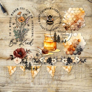 May include: A collection of bee-themed designs, including a jar of honey, honeycomb patterns, floral arrangements, and a bee illustration. The text "Bee Kind" and other inspirational phrases are also featured. The color palette includes shades of yellow, brown, and cream.