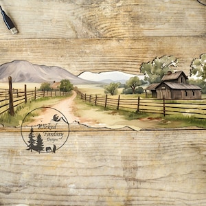 May include: A watercolor painting of a rustic wooden cabin with a dirt road leading to it. The cabin is surrounded by a wooden fence and green trees. The painting is set against a backdrop of mountains and a blue sky. The painting is framed by a torn piece of paper, giving it a vintage look. The text "Wicked Fantasy Designs" is visible in the lower left corner of the painting.