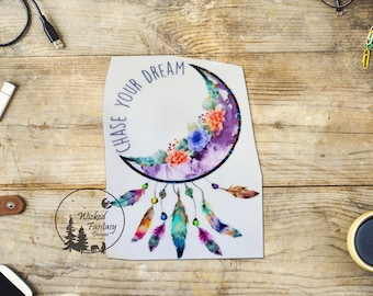 UVDTF Decal Chase Your Dream Crescent Moon Flowers Feathers Dreamcatcher Transparent Background Sticker 1pc