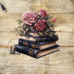 May include: A stack of vintage hardcover books with a bouquet of pink and red roses on top. The books have gold lettering on the spines and are arranged on a wooden surface.