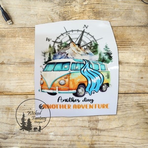 UVDTF Decal Another Day Another Adventure Retro Van 70s Wilderness Compass Transparent Background sticker 1pc