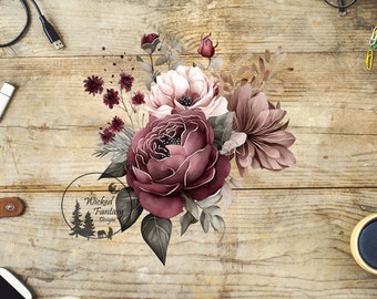 May include: A watercolour illustration of a bouquet of burgundy and blush pink flowers with green leaves on a wood background. The text "Wicked Fantasy Designs" is in a circle below the flowers.