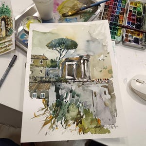Watercolor Painting of the Temple of Sibilla in Tivoli – Original Italian Artwork for Sale