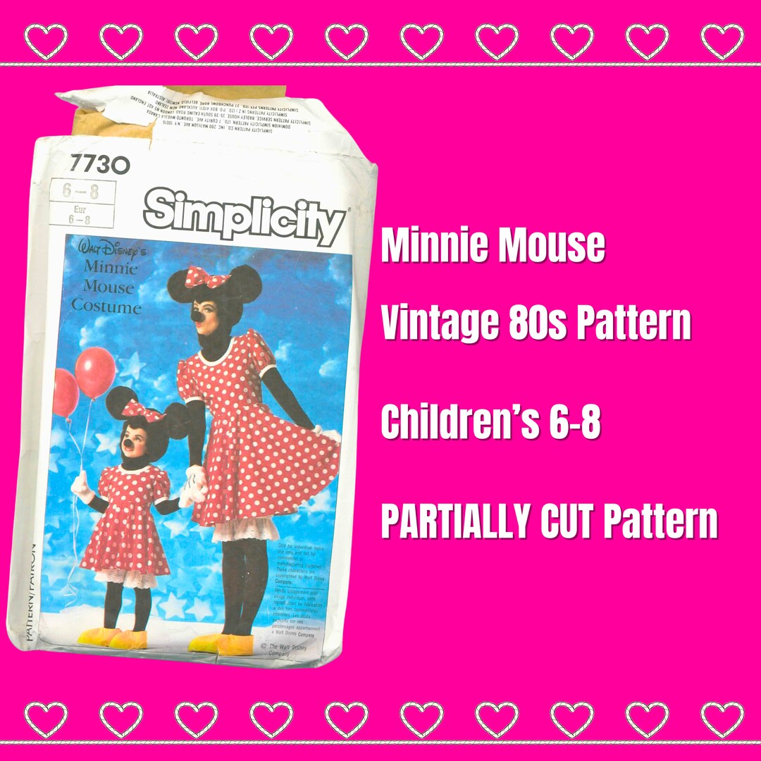 Simplicity 7730, Vintage Pattern, Children Size 6-8, Minnie Mouse Costume  Walt Disney Polka Dot Dress Mouse Ears, PARTIALLY CUT, ©1986 - Etsy, image size:1080x1080