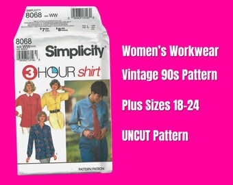 Simplicity 8068, Vintage 90s Sewing Pattern, Misses’ Plus Sizes 18 20 22 24, Work Business Shirt Tie, UNCUT, ©1992