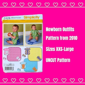 May include: Simplicity pattern 2428 for newborn outfits, sizes XXS-Large, uncut pattern. The pattern is from 2010 and includes instructions for making a variety of outfits.