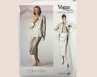 Vogue 1671, Vintage 80s American Designer Sewing Pattern, Calvin Klein, Misses’ Size 10, Jacket, Below Hip, Straight Wrap Skirt UNCUT, ©1986