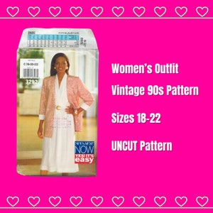 Peut inclure: Patron de couture vintage des années 90 pour une tenue féminine. Le patron est non coupé et comprend les tailles 18 à 22. Le patron est intitulé "Women's Outfit" et "Vintage 90s Pattern".