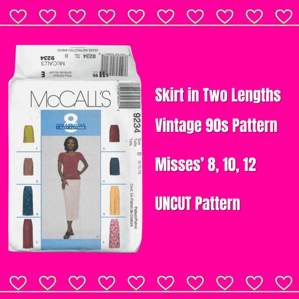 McCall’s, 9234 Sewing Pattern, Vintage 90s Pattern, Misses’ Sizes 8,10,12, Skirts in Two Lengths, UNCUT, ©1998