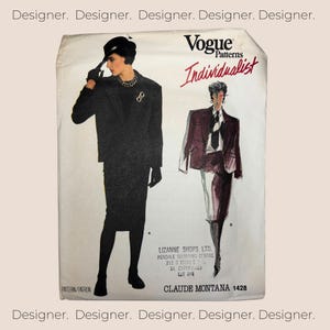 May include: Vogue Patterns Individualist sewing pattern featuring two designs for a jacket and skirt. The pattern is for size 1428 and designed by Claude Montana.