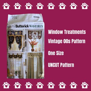 Pode incluir: Padrão de costura vintage para tratamentos de janelas, Butterick Waverly B4373, tamanho único, padrão não cortado. O padrão mostra quatro tratamentos de janelas diferentes, incluindo uma sanefa, um swag e cortinas.