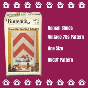 May include: Vintage 1970s sewing pattern for Roman blinds. The pattern features a red and white chevron design. The pattern is uncut and includes instructions for making the blinds.
