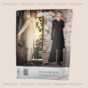 May include: Vogue Patterns sewing pattern for a long coat and trousers by Donna Karan New York. The pattern shows two models wearing the coat and trousers in white and black.
