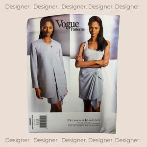 May include: Vogue Patterns sewing pattern featuring a design by Donna Karan, New York. The pattern is for a skirt and jacket. The model is wearing a light blue skirt and jacket.