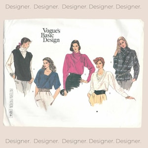 May include: A Vogue's Basic Design sewing pattern envelope, number 1214, featuring illustrations of five different tops. The designs include a black vest, a blue short-sleeved top, a pink long-sleeved blouse, a white blouse, and a plaid shirt.