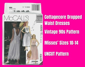 McCall's, 4899 Vintage jaren 90 naaipatroon, Misses' Maten 10,12,14, Boerenstijl Cottagecore Dropped Taille Sundress met strik, ONBESNEDEN, ©1990