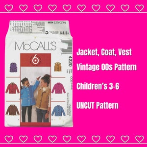 May include: A vintage McCall's sewing pattern for children's jackets, coats, and vests. The pattern, labelled 4220, is from the 2000s and designed for children aged 3-6. The package is white with images of the finished garments and text that reads "UNCUT Pattern."