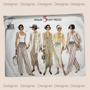 May include: A Vogue 5 Easy Pieces sewing pattern envelope, number 1342, featuring illustrations of five outfits including striped trousers, long-sleeved button-down shirts, and sleeveless dresses. The white paper envelope displays the text Designer.