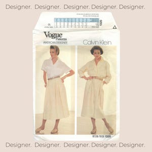 Vogue 1320, Vintage 90s Designer Sewing Pattern, Calvin Klein, Misses’ Size 10, A-line dress, Mid Calf Length, Shirt Collar A-line Skirt CUT