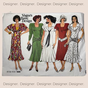 Vogue 1680, VintageSewing Pattern, Misses’ Size 8 10 12, Dress Variations, Semi-fitted flared dress, UNCUT,  ©1986