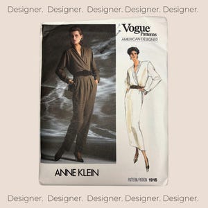 May include: A vintage sewing pattern for a jumpsuit by Anne Klein. The pattern is from Vogue Patterns, American Designer, and the pattern number is 1916.
