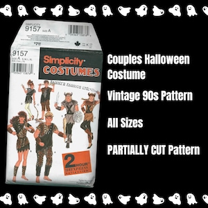 May include: Simplicity 9157 vintage 90s Halloween costume sewing pattern for couples. The pattern is for all sizes and is partially cut. The pattern features a Viking and a cavewoman costume.
