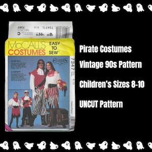 May include: Vintage 1990s McCall's pattern for children's pirate costumes. The pattern is for sizes 8-10 and is uncut. The pattern features a pirate captain and a pirate with a parrot.
