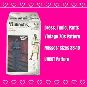 Peut inclure: Patron Butterick vintage 4946 pour une robe, tunique et pantalon. Le patron des années 70 comprend les tailles femmes 38-10. Le patron est non coupé et propose une double gamme de tailles.