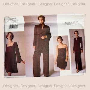May include: A vintage sewing pattern envelope for a dress and trousers set. The pattern is for sizes 8-10-12 and is by Lauren Sara, a Vogue American Designer. The envelope features a photo of a model wearing the dress and trousers set.