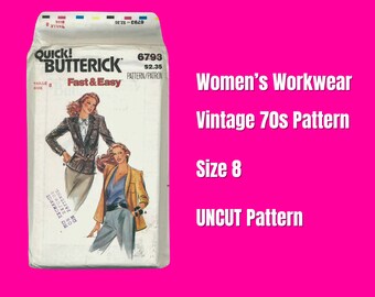 Butterick 6793, Vintage 70s Sewing Pattern, Misses’ Size 8, Niepodszewkowana marynarka biznesowa, NIEPOCIĘTA