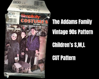 Einfachheit 0630, Vintage-Kostüm-Muster, Kindergrößen S, M, L, The Addams Family, Gomez, Morticia, Onkel Fester, Cousin It, CUT, ©1992