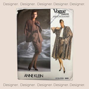 Vogue 1915, Vintage 80s Designer Sewing Pattern, Anne Klein, Miss Size 8 10 12, Very Loose Jacket,  Straight Skirt, Loose Top, UNCUT, ©1987
